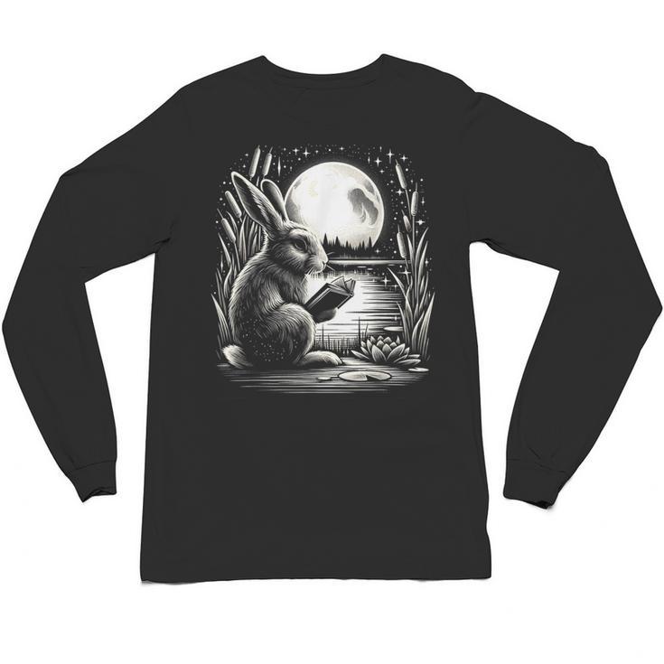 Rabbit Reading Book Full Moon Lake Scenery Unisex Long Sleeve T-Shirt
