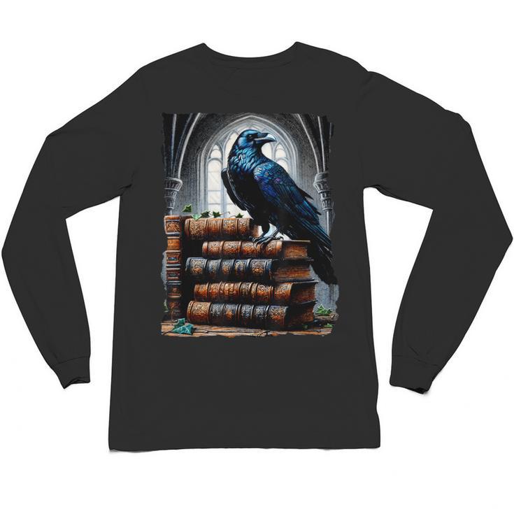 Raven On A Stack Of Books Wisdom Of Odin Unisex Long Sleeve T-Shirt