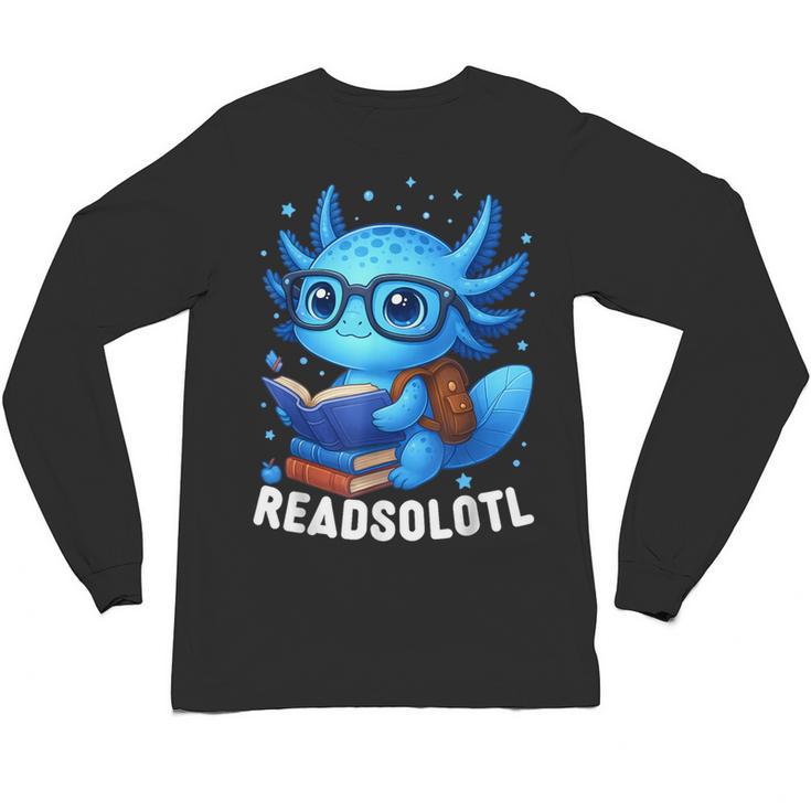 Readsolotl Blue Kawaii Axolotl Book Lover Reading Unisex Long Sleeve T-Shirt
