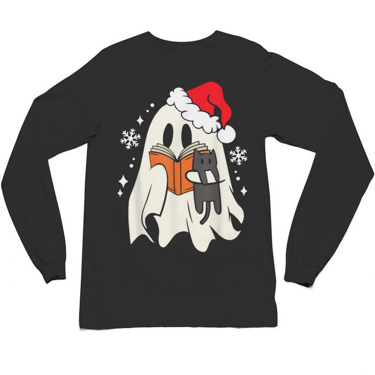 Retro Ghost Reading Book With Cat Bookish Club Christmas Men Women Kids Unisex Long Sleeve T-Shirt