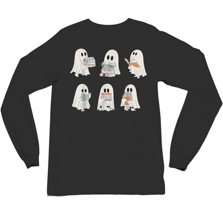 Retro Ghost Reading Books Halloween Bookish Ghost Bookworm Unisex Long Sleeve T-Shirt
