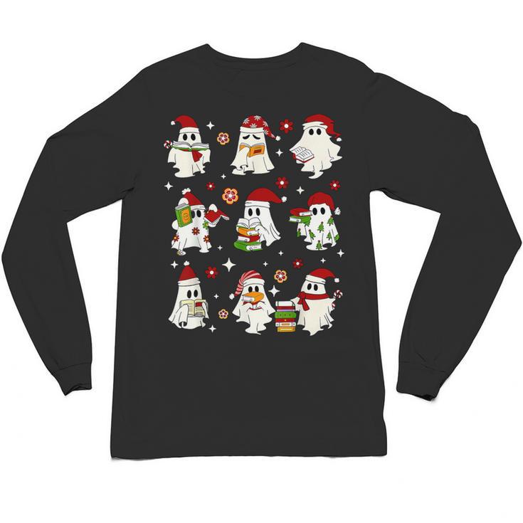 Santa Ghost Reading Books Christmas Library Teacher Unisex Long Sleeve T-Shirt