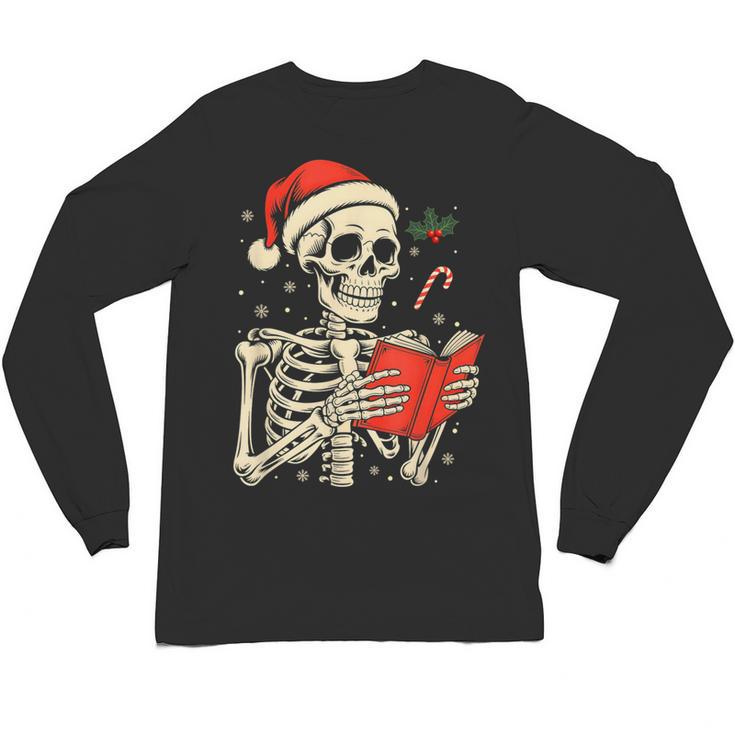 Skeleton Reading Book Christmas Teacher Librarian Book Lover Unisex Long Sleeve T-Shirt