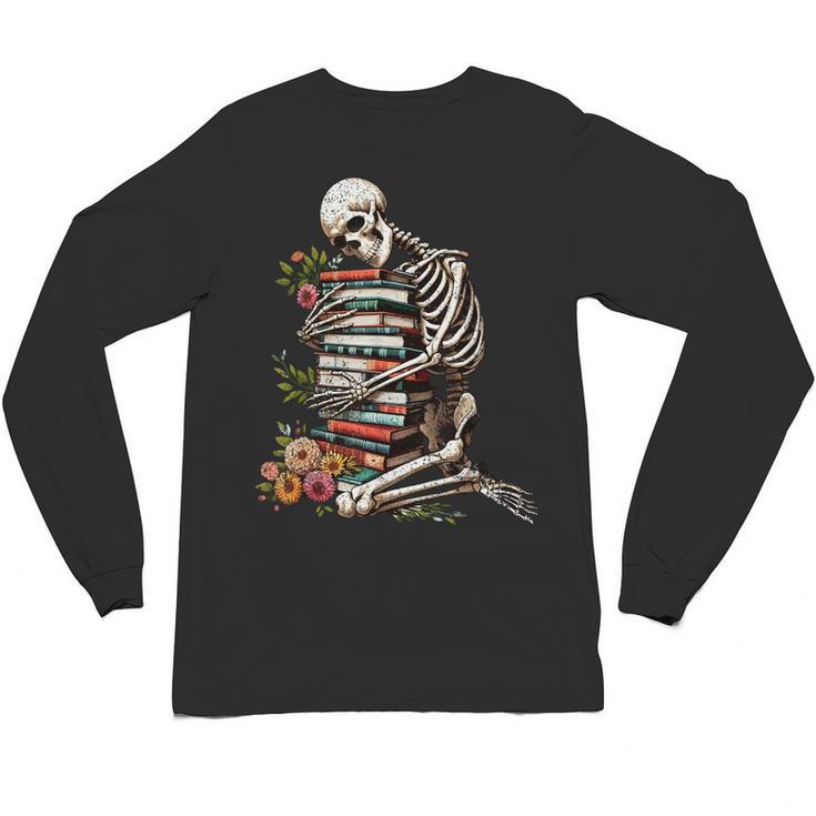 Skeleton Reading Book Halloween Bookworm Bibliophile Reader Unisex Long Sleeve T-Shirt