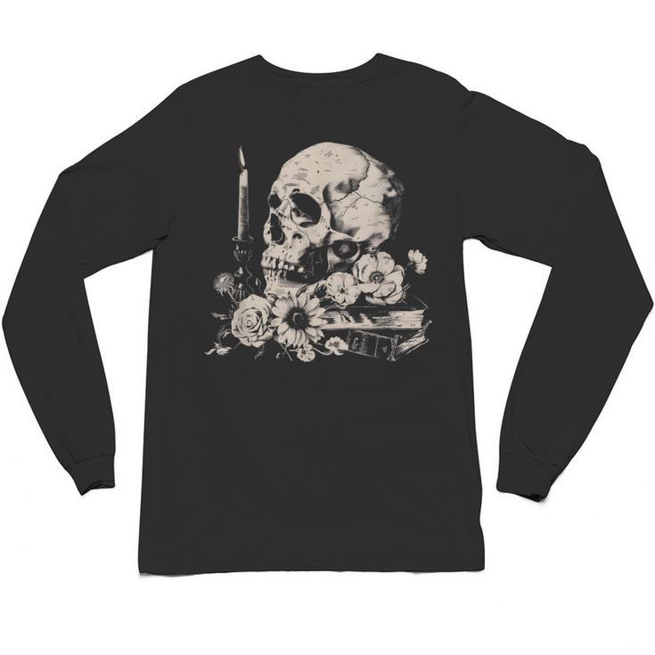 Skull Books Flowers Goth Reader Grunge Dark Alt Aesthetic Unisex Long Sleeve T-Shirt
