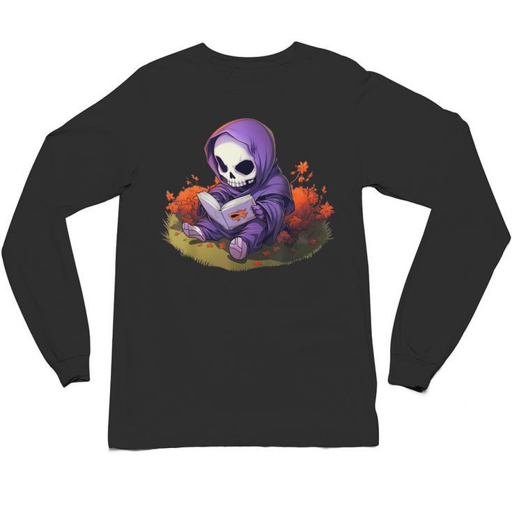 Spooky Grim Reaper Reading A Book Cute Creepy Halloween Unisex Long Sleeve T-Shirt