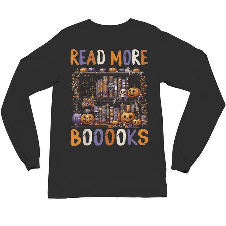 Spooky Halloween Bookshelf Bookcase Read More Books Unisex Long Sleeve T-Shirt