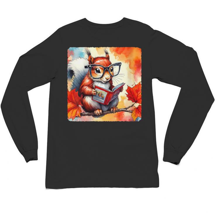 Squirrel Reading Comic Book On Autumn Branch Glasses Leaves Unisex Long Sleeve T-Shirt