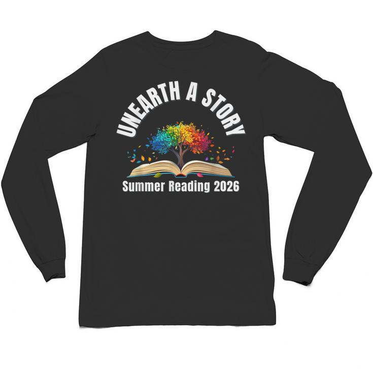 Unearth a Story 2026 Summer Reading Program Tree Book Unisex Long Sleeve T-Shirt