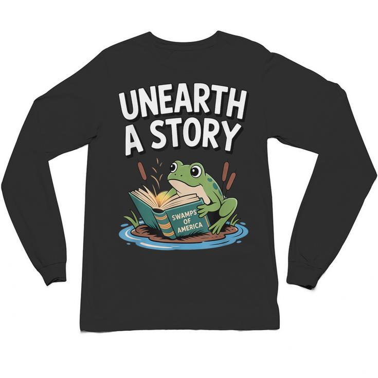 Unearth a Story Frog Reading a Book Summer 2026 Unisex Long Sleeve T-Shirt