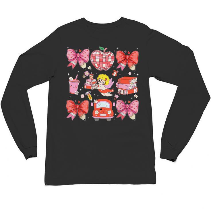 Valentine Cupid Coquette Pink Bow Apple Books Teacher Unisex Long Sleeve T-Shirt