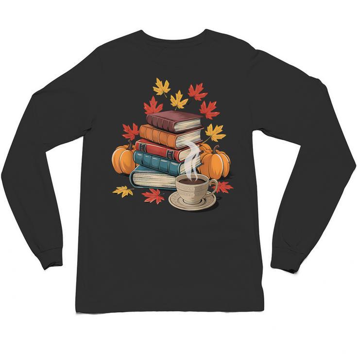 Vintage Books Tea Lovers Fall Autumn Leaves And Pumpkins Unisex Long Sleeve T-Shirt