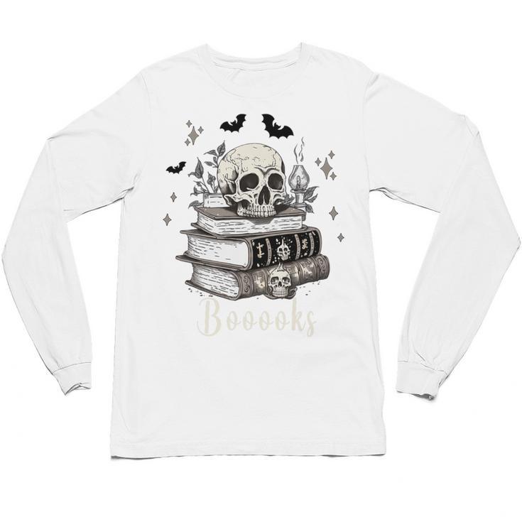 Boo Skeleton Skull Books Halloween Women School Teacher Kid Premium Unisex Long Sleeve T-Shirt