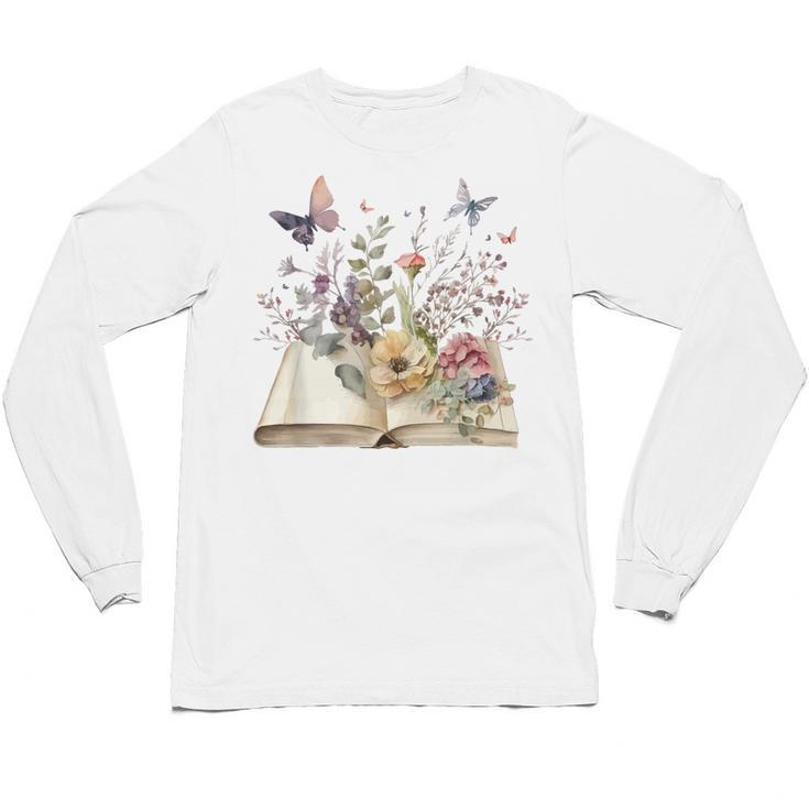 Book Flowers And Butterfly Beautiful Reading Reader Graphic Unisex Long Sleeve T-Shirt