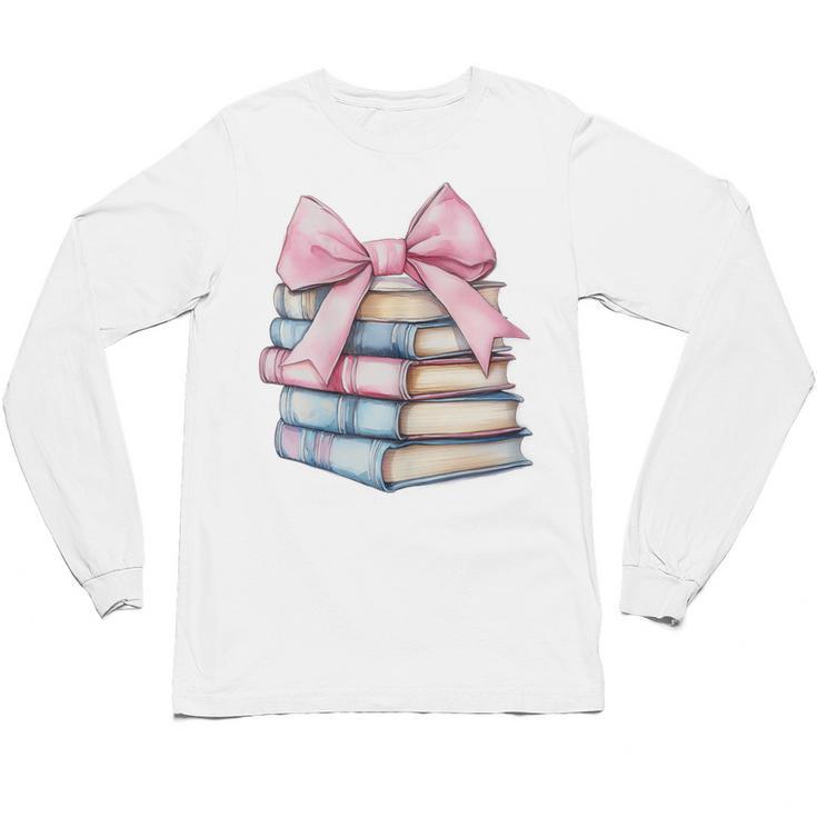 Book Lover Coquette Bow Pink Dainty Ribbon Cute Bookworm Unisex Long Sleeve T-Shirt