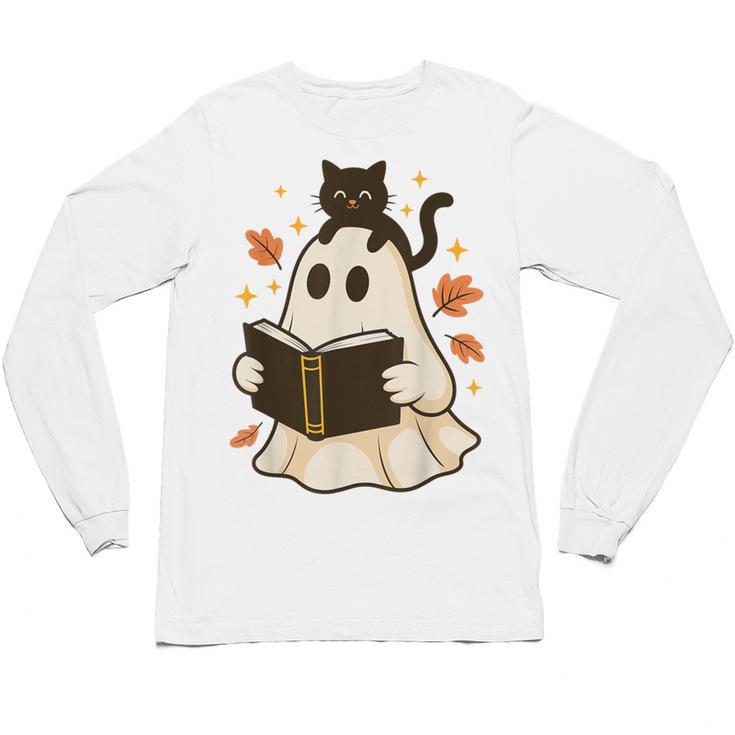 Books Ghost Reading Book Halloween Library Cat Fall Unisex Long Sleeve T-Shirt