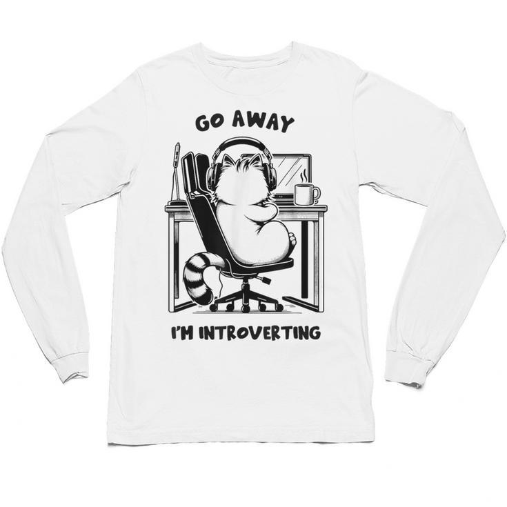 Cat With Coffee On Computer Go Away I'm Introverting Unisex Long Sleeve T-Shirt