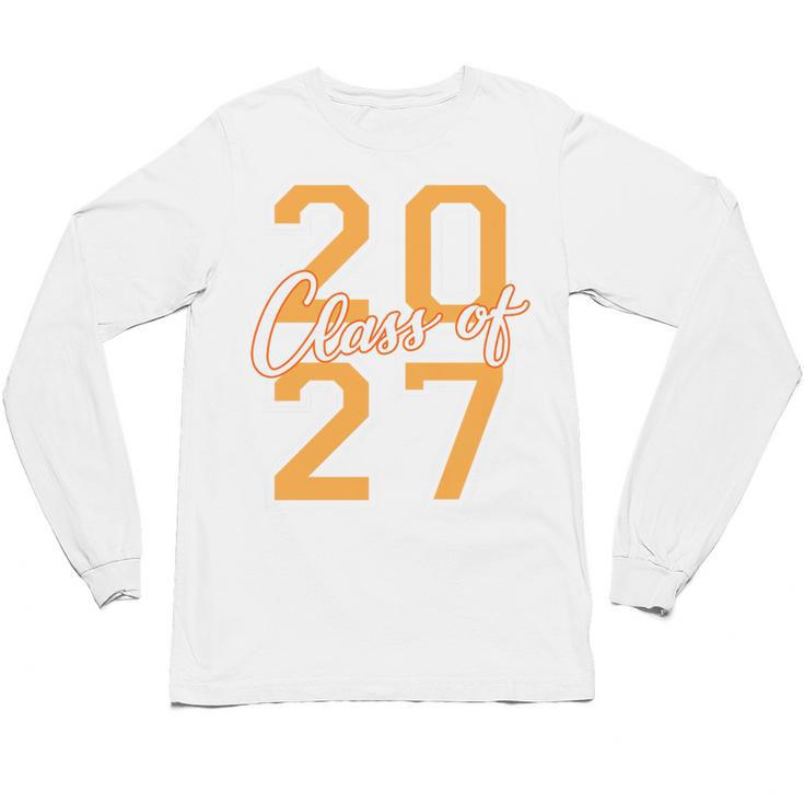 Class Of 2027 Graduation Varsity Orange On The Back Premium Tri-Blend Unisex Long Sleeve T-Shirt