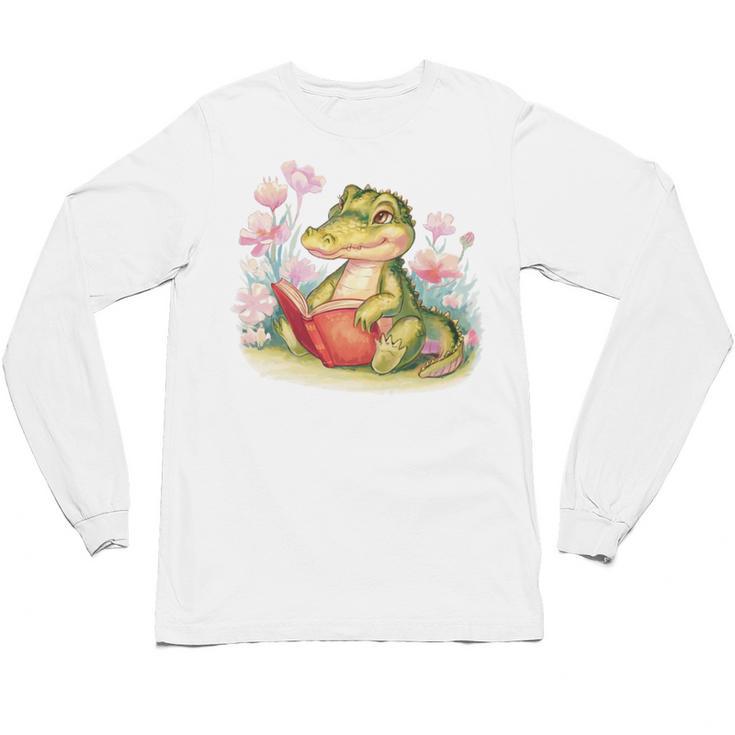 Crocodile Reading Book Watercolor Flowers Kids Unisex Long Sleeve T-Shirt