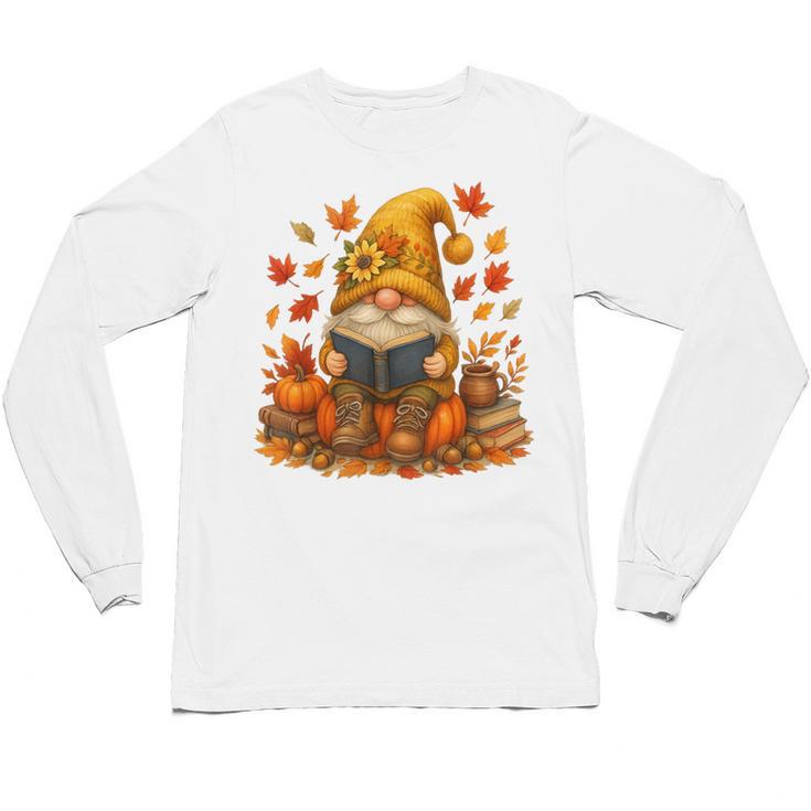 Cute Autumn Gnome Reading Pumpkin Book Lover Unisex Long Sleeve T-Shirt