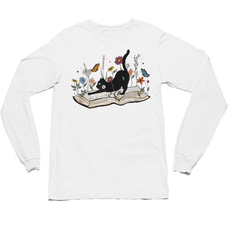 Cute Cat Flower Garden Book Kitty Reading Floral Men Women Girls Kids Unisex Long Sleeve T-Shirt