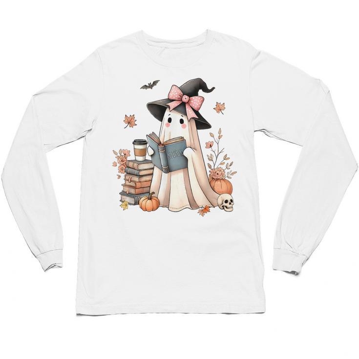 Cute Ghost Reading Book Librarian Book Lover Unisex Long Sleeve T-Shirt