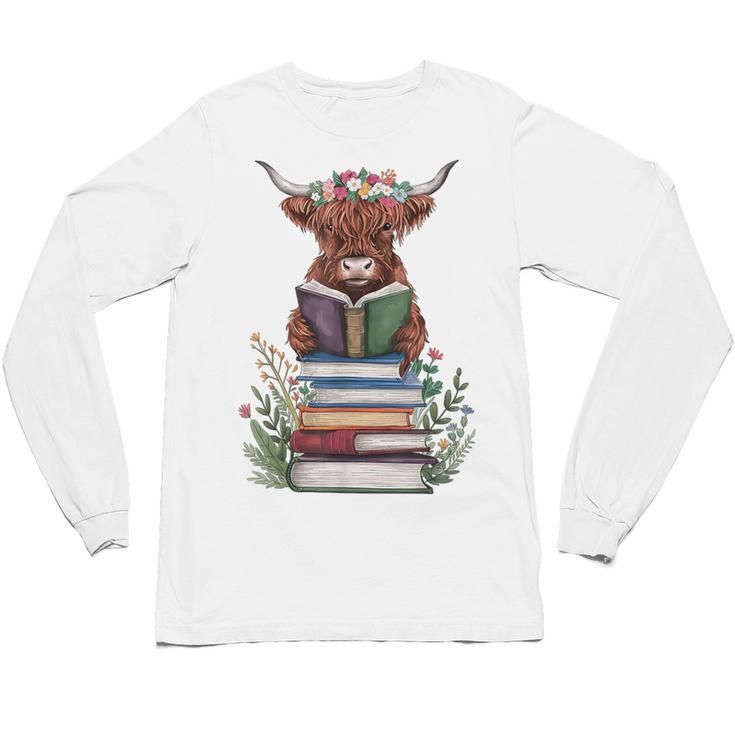 Cute Highland Cow With Book Floral Bookworm Librarian Book Unisex Long Sleeve T-Shirt
