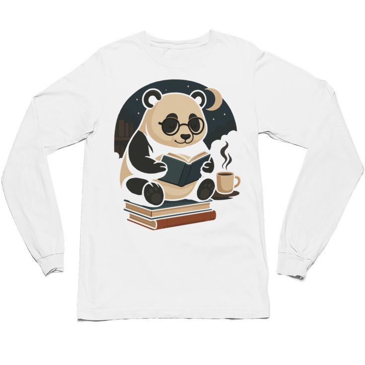 Cute Panda Reading Book Under Moon Bookworm Coffee Lover Unisex Long Sleeve T-Shirt