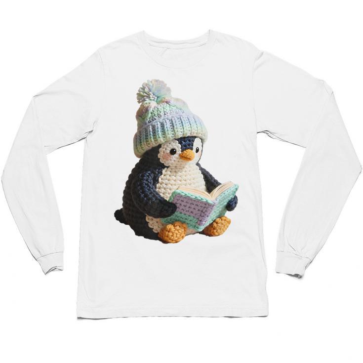 Cute Penguin Reading Book Faux-Crochet Print Unisex Long Sleeve T-Shirt