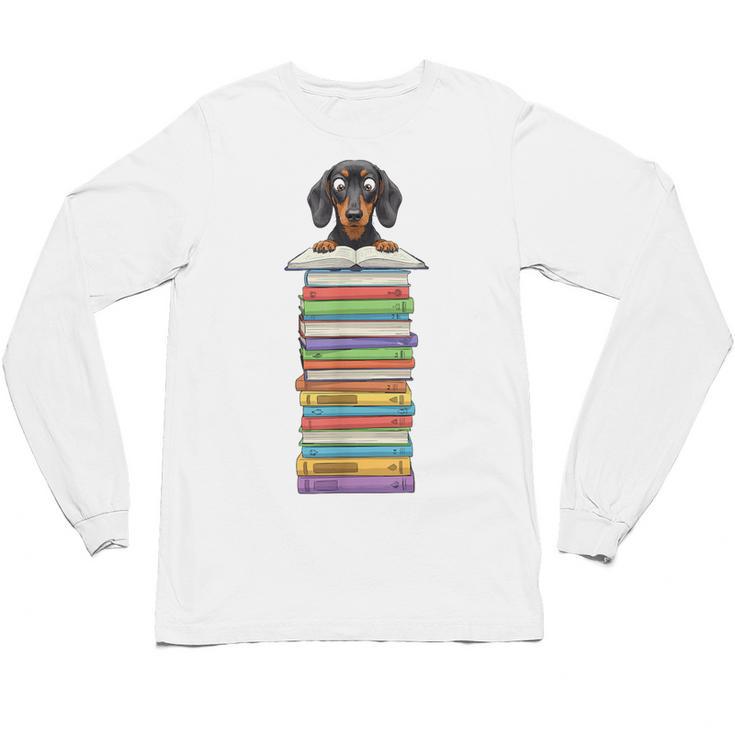 Cute Wiener Dog Dachshund Reading On Pile Of Books Unisex Long Sleeve T-Shirt