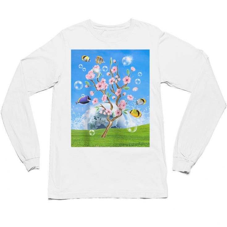 Frutiger Aero Aesthetic Tech Cherry Blossom Fishes Bubbles Raglan Baseball Tee Unisex Long Sleeve T-Shirt