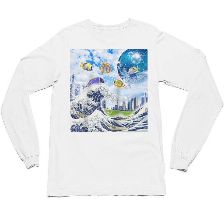 Frutiger Aero Aesthetic Tech Great Wave Of Kanagawa Fishes Raglan Baseball Tee Unisex Long Sleeve T-Shirt