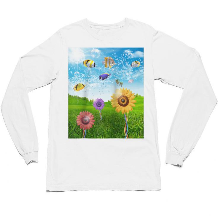 Frutiger Aero Aesthetic Tech Scenery Fishes Sunflower Raglan Baseball Tee Unisex Long Sleeve T-Shirt
