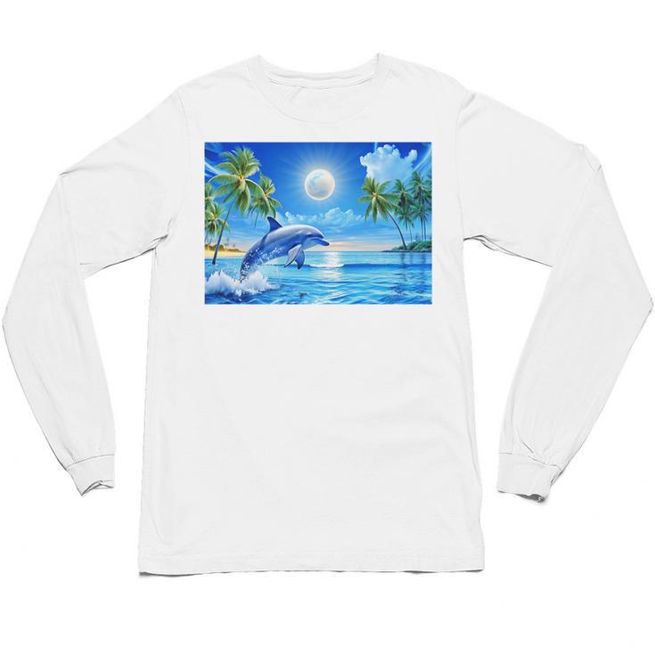 Frutiger Aero Dolphin Sunset Ocean With Palm Trees Y2k Premium Unisex Long Sleeve T-Shirt