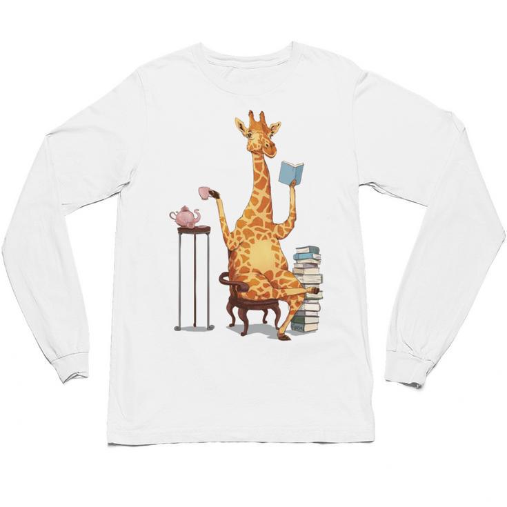 Giraffe Reading Tea Books Coffee Book Lover Graphic Unisex Long Sleeve T-Shirt