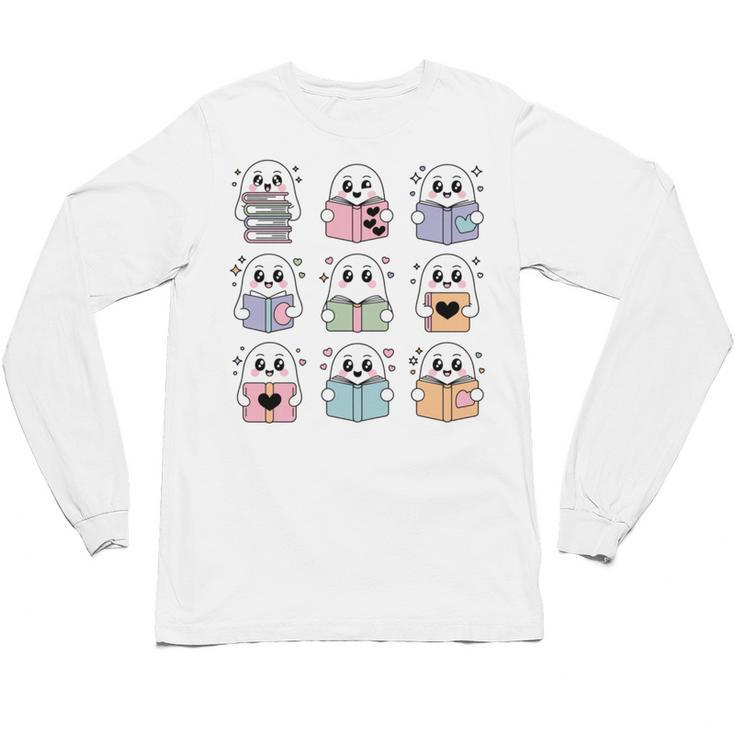 Halloween Ghosts Reading Books Pattern Spooky Kawaii Anime Unisex Long Sleeve T-Shirt