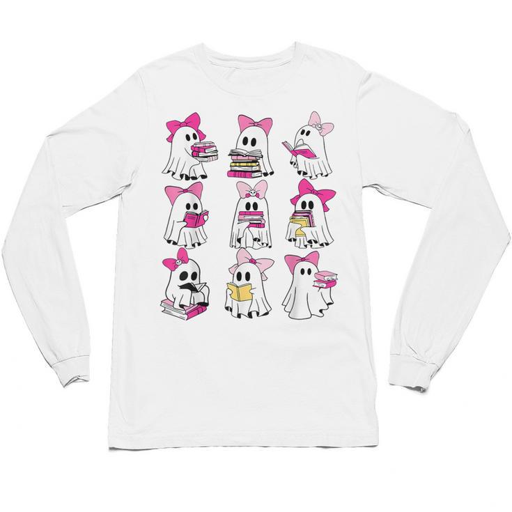 Halloween Pink Ghost Read More Books Spooky Boo Teacher Kids Unisex Long Sleeve T-Shirt
