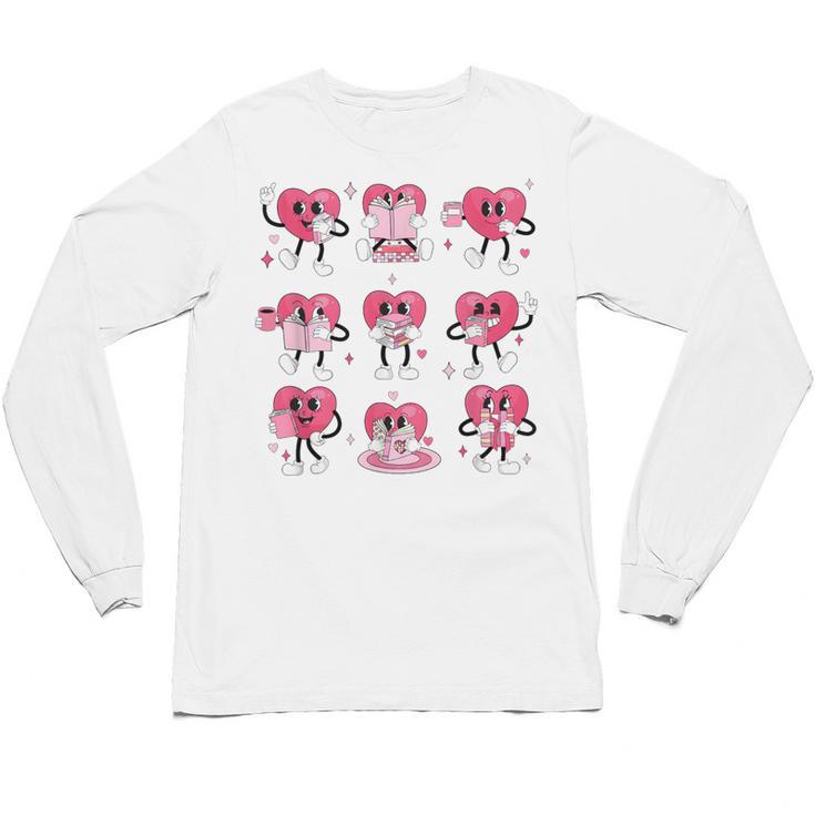 Heart Reading Books Valentine Teacher Boy Girl Book Lover Unisex Long Sleeve T-Shirt