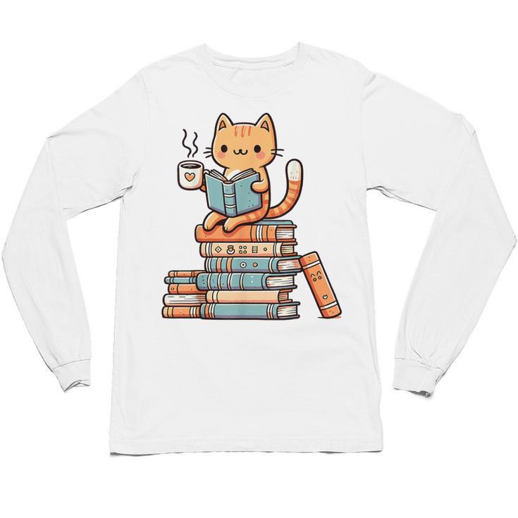 Kawaii Cat Coffee Books Teacher Men Women Girls Kids Unisex Long Sleeve T-Shirt