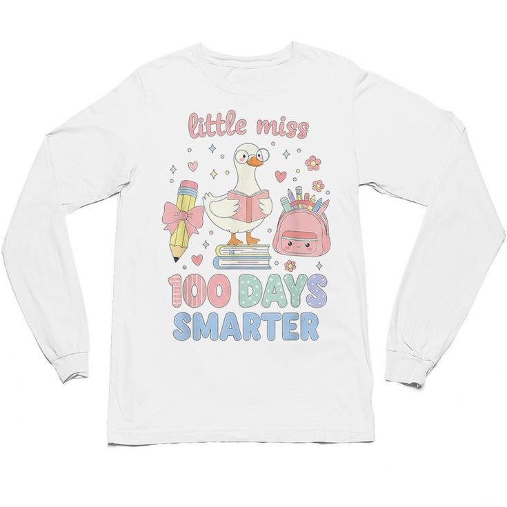 Little Miss 100 Days Smarter Cute Goose Reading Books Girls Unisex Long Sleeve T-Shirt