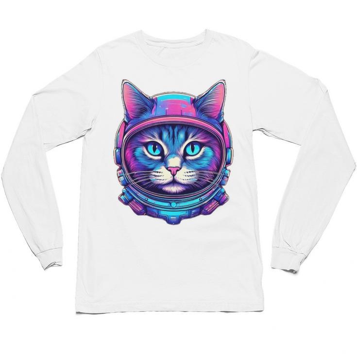 Retro 80s Cat In Space Suit Nostalgia Cat Vintage Astronaut Unisex Long Sleeve T-Shirt
