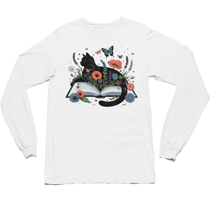 Retro Cute Cat Floral Book Librarian Vintage Floral Cat Book Unisex Long Sleeve T-Shirt