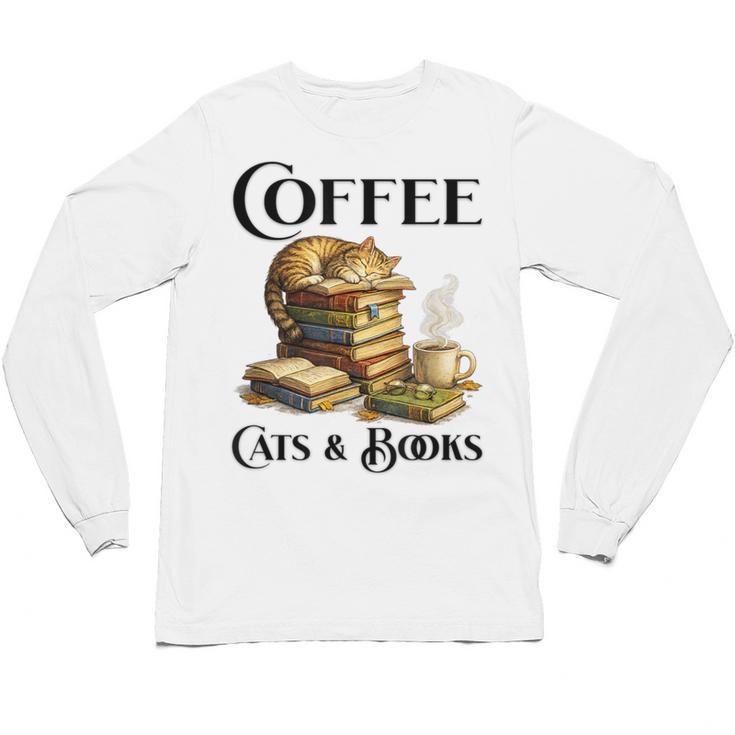 Sleeping Cat And Books With Coffee Lover Unisex Long Sleeve T-Shirt