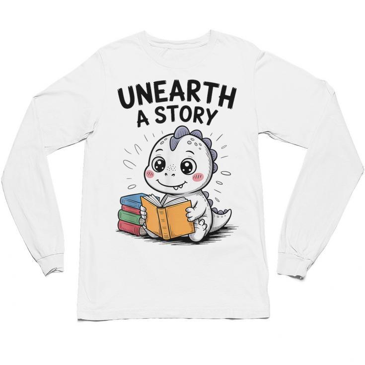 Unearth a Story Cute Dinosaur Summer Reading 2026 Dino Book Unisex Long Sleeve T-Shirt