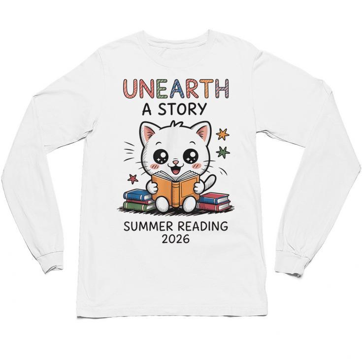 Unearth a Story Cute Kitten Summer Reading 2026 Cat Book Unisex Long Sleeve T-Shirt