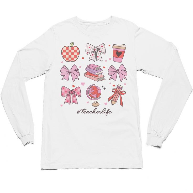 Valentine Teacher Cute Bows Apple Globe Pencil Books Art Unisex Long Sleeve T-Shirt