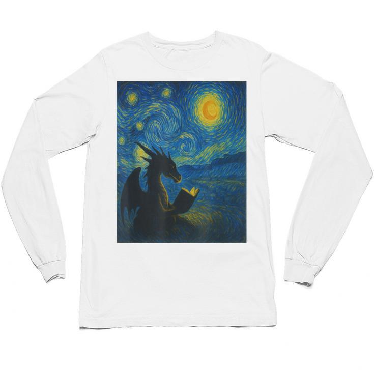 Van Gogh Starry Night Fantasy Reader Dragon Reading Book Unisex Long Sleeve T-Shirt