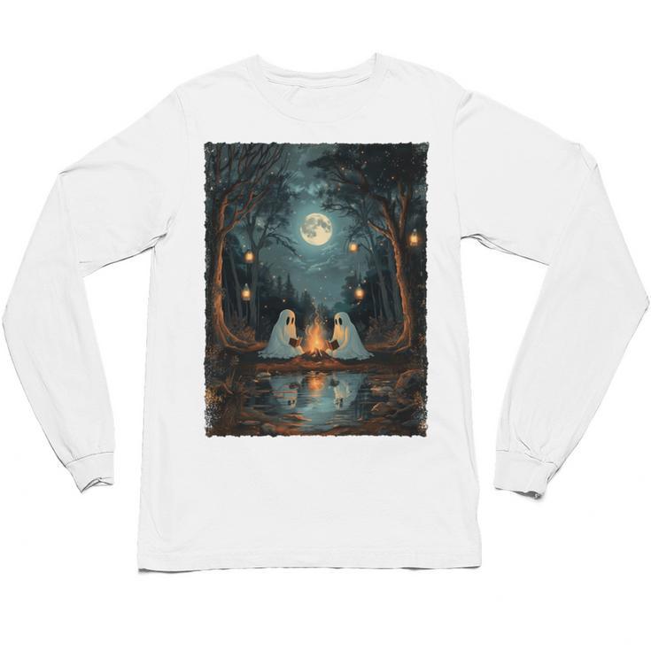 Vintage Ghost Book Reading Camping Gothic Halloween Teachers Unisex Long Sleeve T-Shirt
