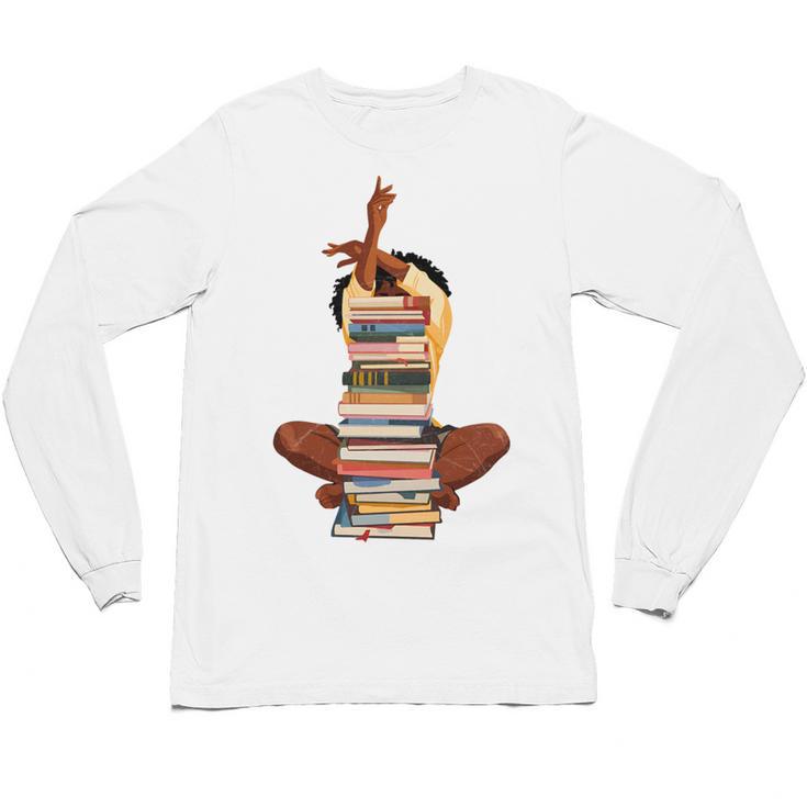 Woman And Books Stack Afro Girl Book Lover Unisex Long Sleeve T-Shirt