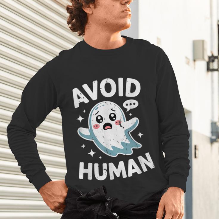 Avoid Humans Cute Kawaii Pastel Ghost Introvert Saying Unisex Long Sleeve T-Shirt